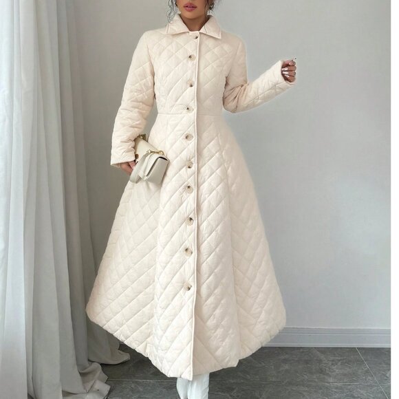 Euro Style Elegant Quilted Button Front Slant Pocket Long Padded Coat - Picture 7 of 11